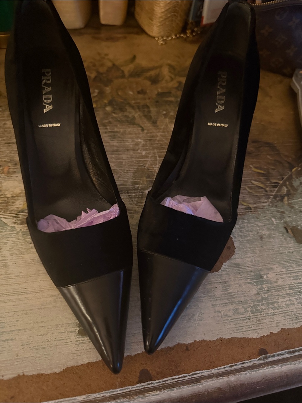 PRADA velvet and leather Pumps size 39. Vintage, archival fashion.LIKE NEW